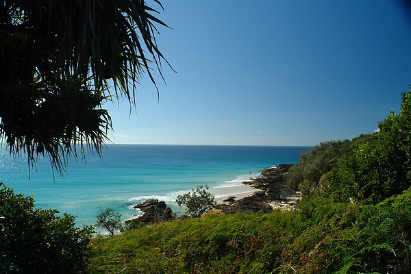 View from a hill on K'gari (Fraser Island) of a rocky beach, impassable by 4wd