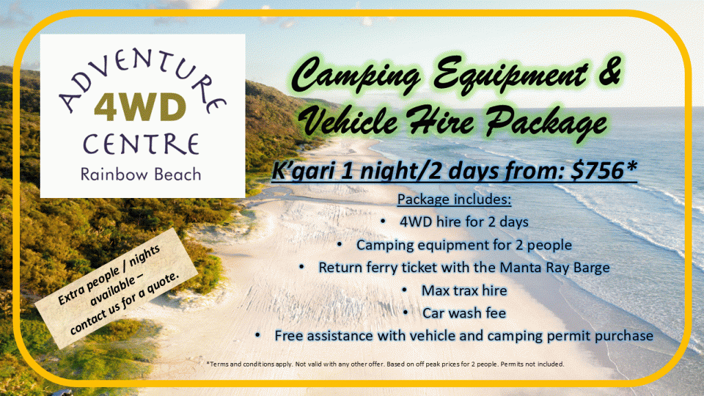 Rainbow Beach Adventure Centre 4WD hire and camping kit package from $756 for 2 people