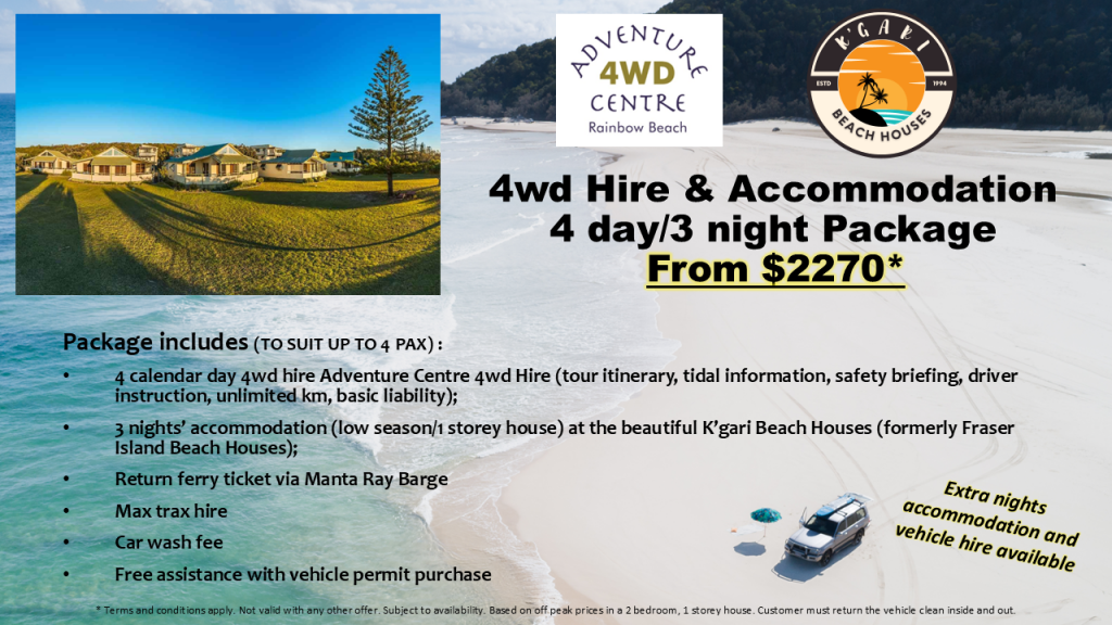Rainbow Beach Adventure Centre self-drive 4wd on beach with inset picture of the beachfront house at K'gari Beach Houses, package from $2270